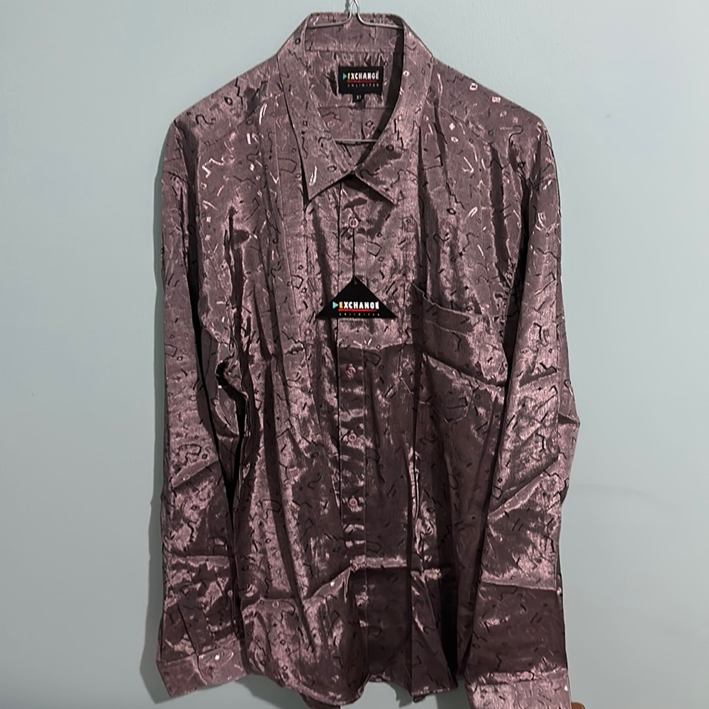 Purple long-sleeved button down with fun design. Men’s XL Exchange